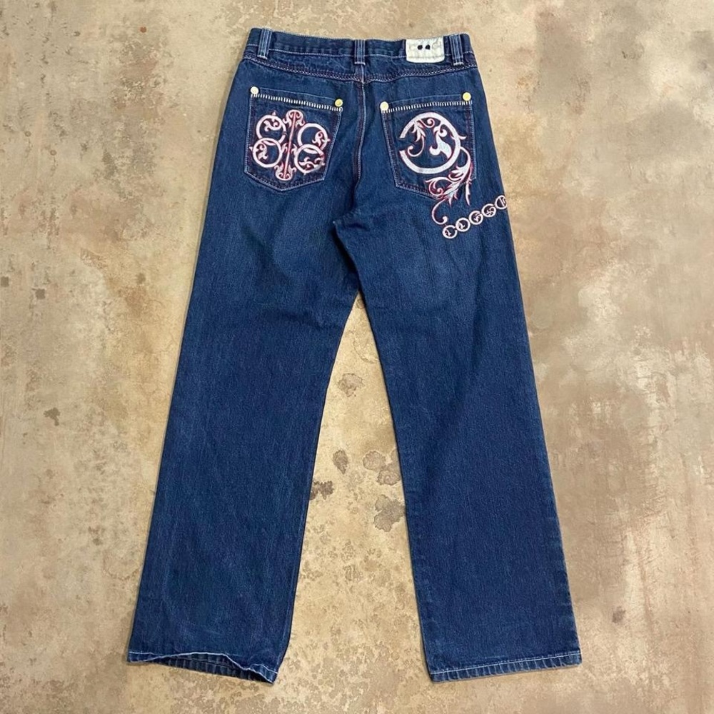 coogi red and white embroidered wide leg jeans